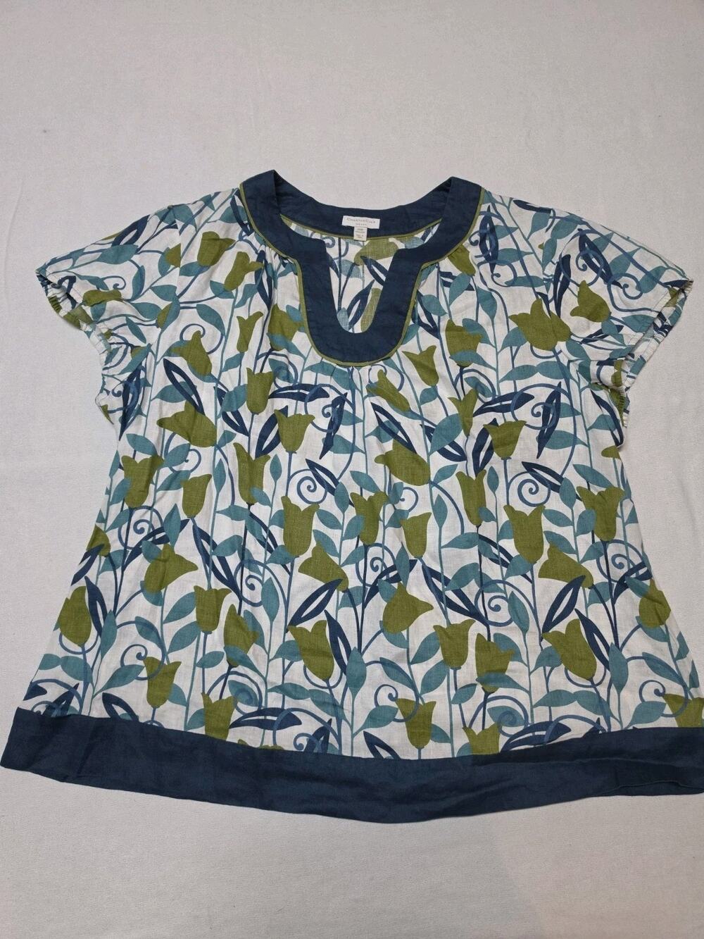 Charter Club Women’s 2X Plus Linen Blend Floral Short Sleeve Tunic Blouse Top